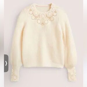 Boden Detail Fluffy Jumper In Warm Ivory Embroidery Size 8